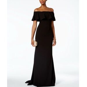 Adrianna Papell Black Off Shoulder Crepe Flounce Bodice Gown New